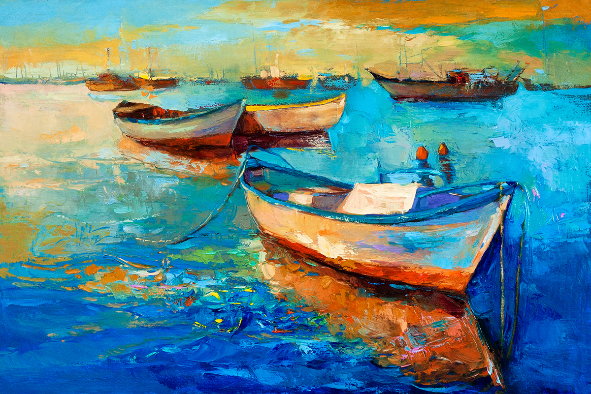 A painting of boats in the water