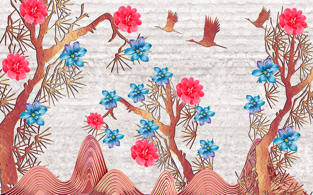 A wallpaper with birds flying over a tree and flowers