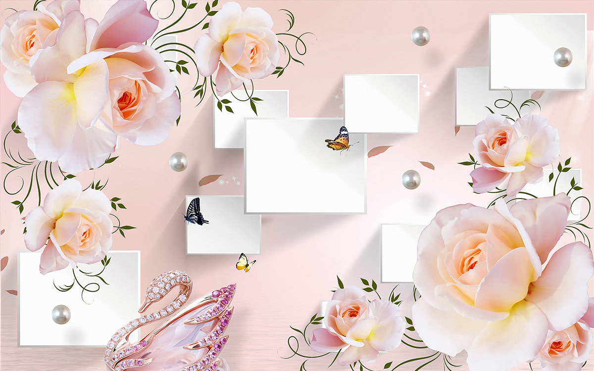A wallpaper with roses and butterflies