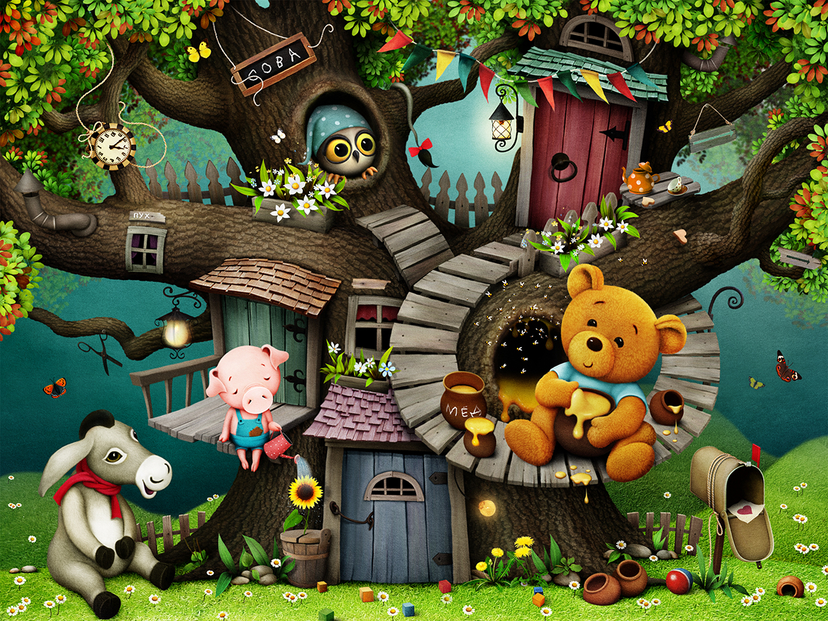A cartoon tree house with animals and a cow