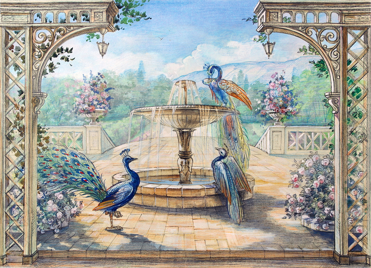 A water fountain with peacocks and flowers