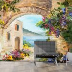 A painting of a stone archway with flowers