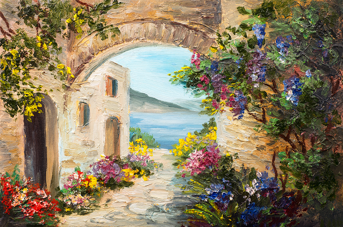 A painting of a stone archway with flowers