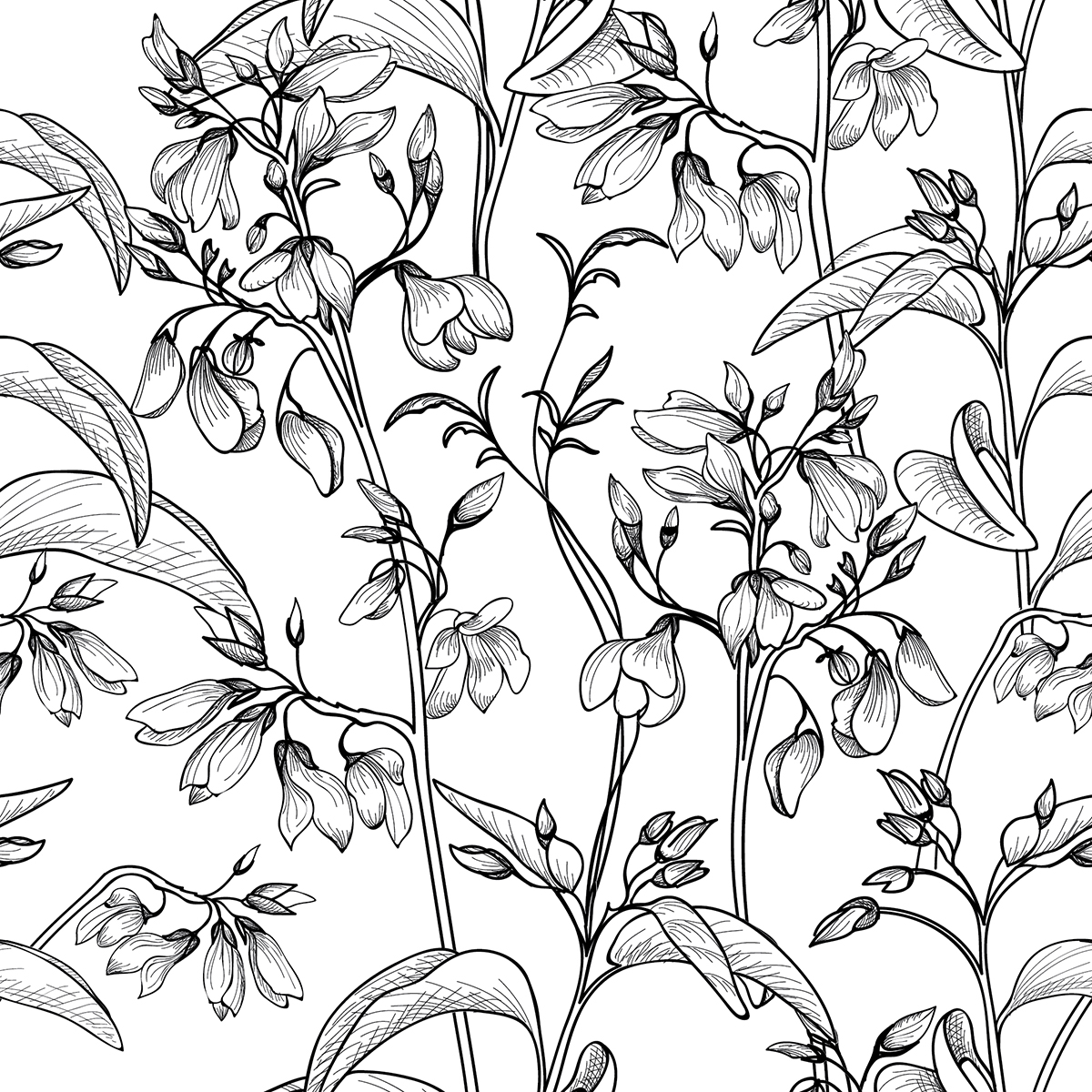 A black and white drawing of flowers