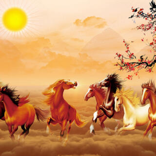 7 Horses Running and Sun Wallpaper for Walls