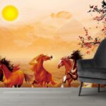 7 Horses Running and Sun Wallpaper for Walls
