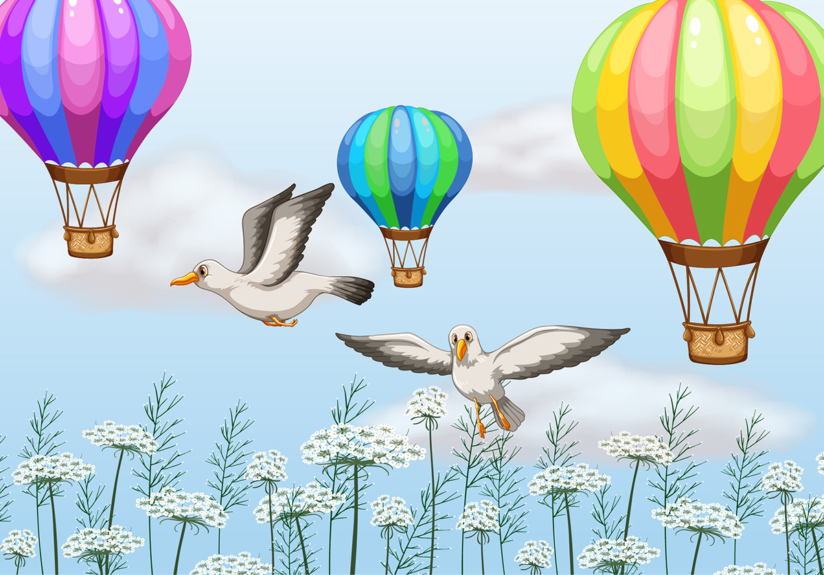 Birds flying in the sky with hot air balloons