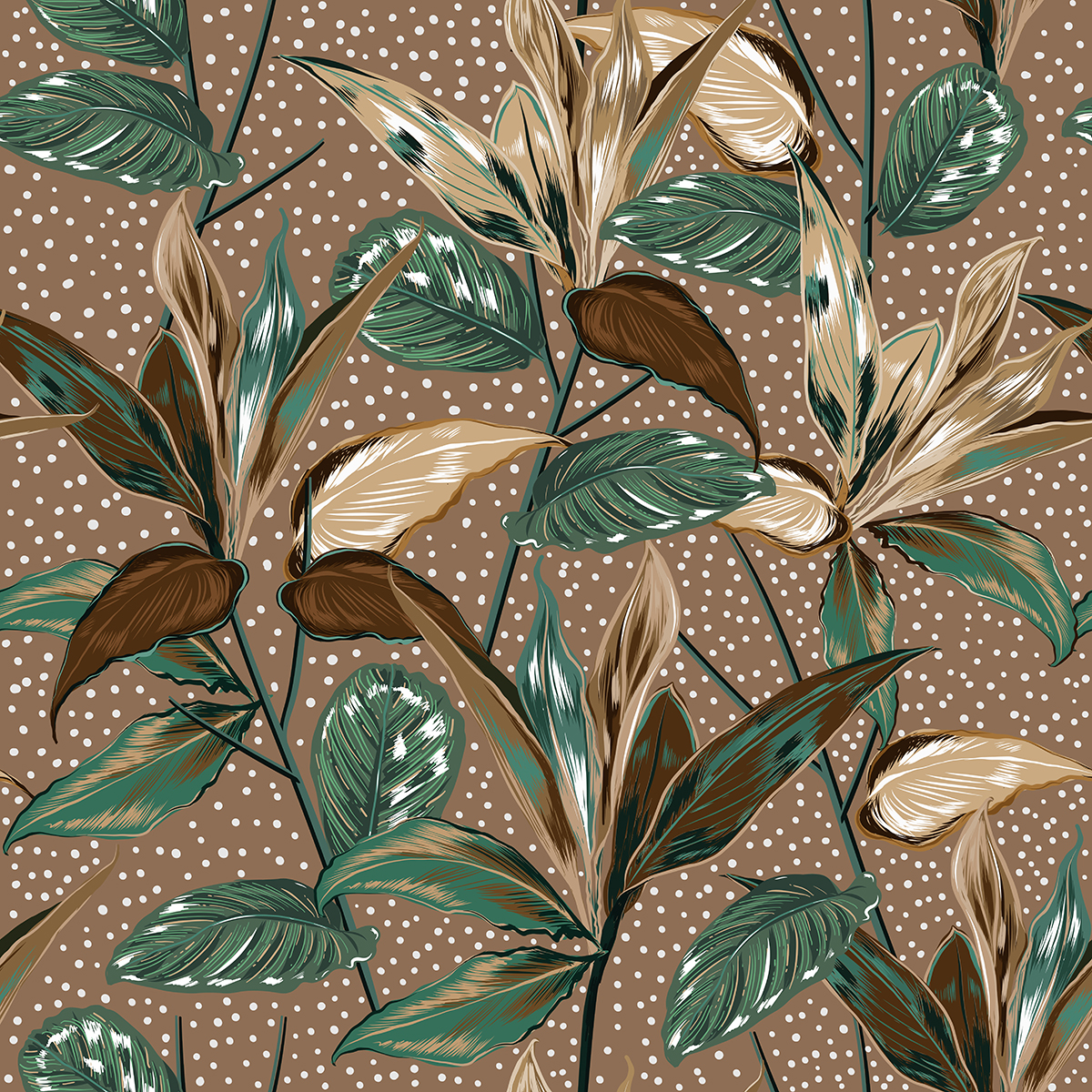 A pattern of leaves on a brown background