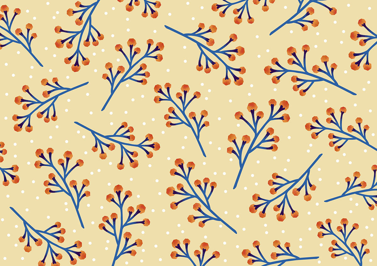 A pattern of orange berries on a yellow background