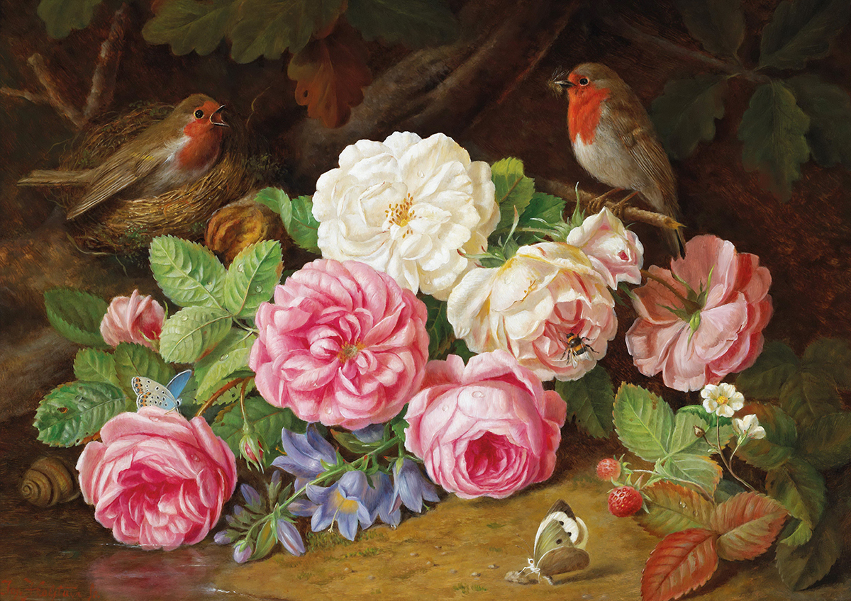 A painting of flowers and birds