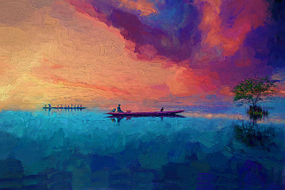 A painting of a boat on a lake