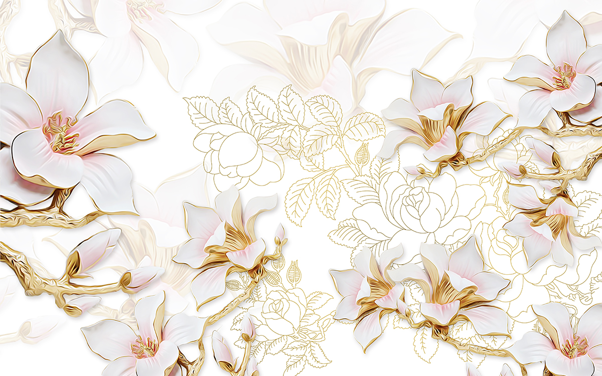 A white flowers with gold outline on a white background