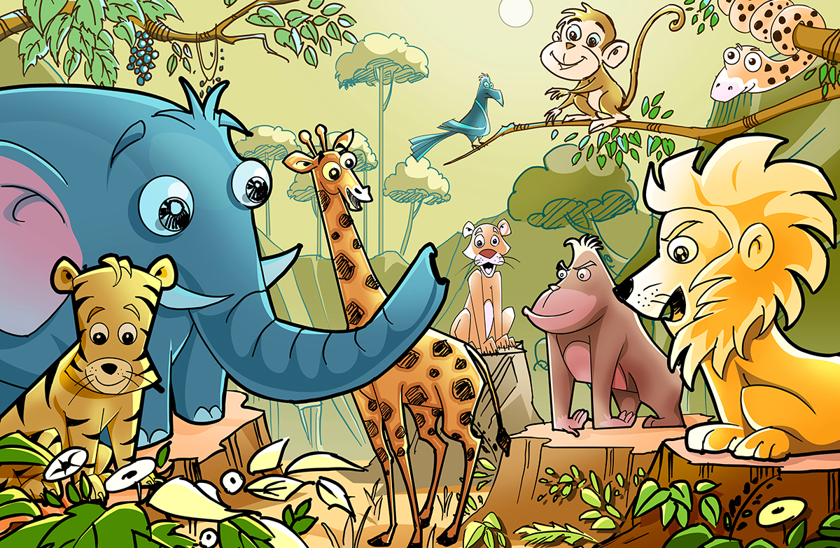 Cartoon of animals in a forest