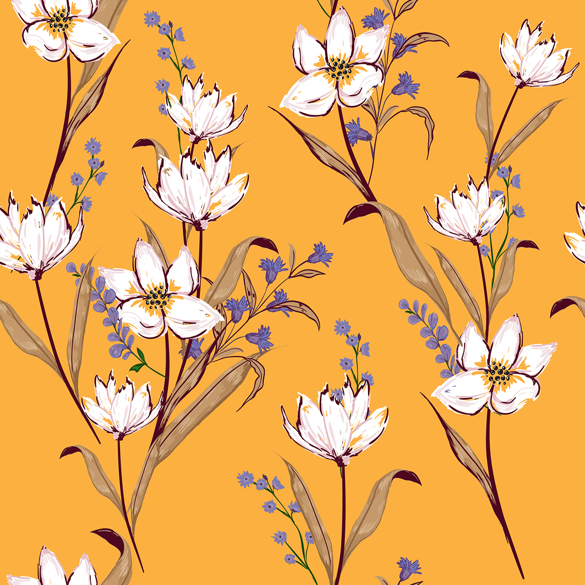 A pattern of white flowers and blue flowers on a yellow background