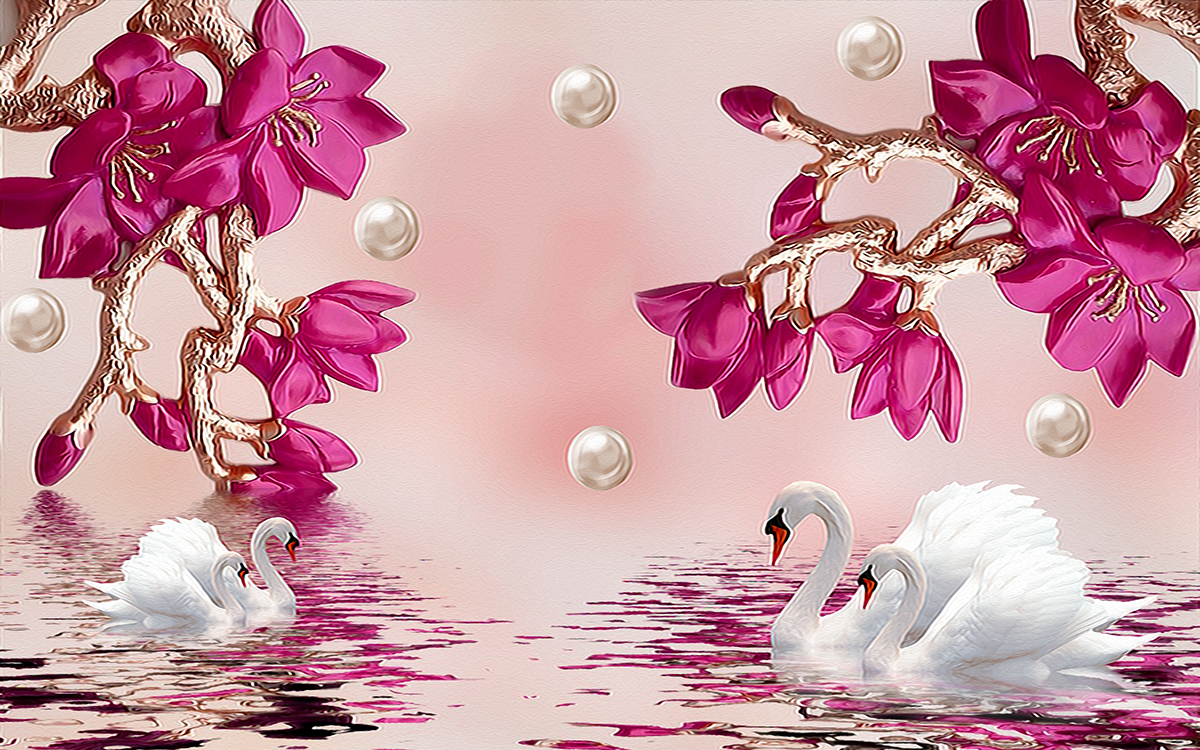 Swans swimming in water with pink flowers