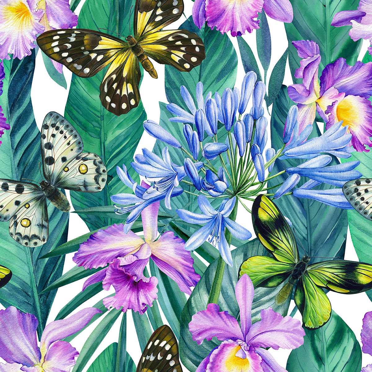 Butterflies and flowers with leaves