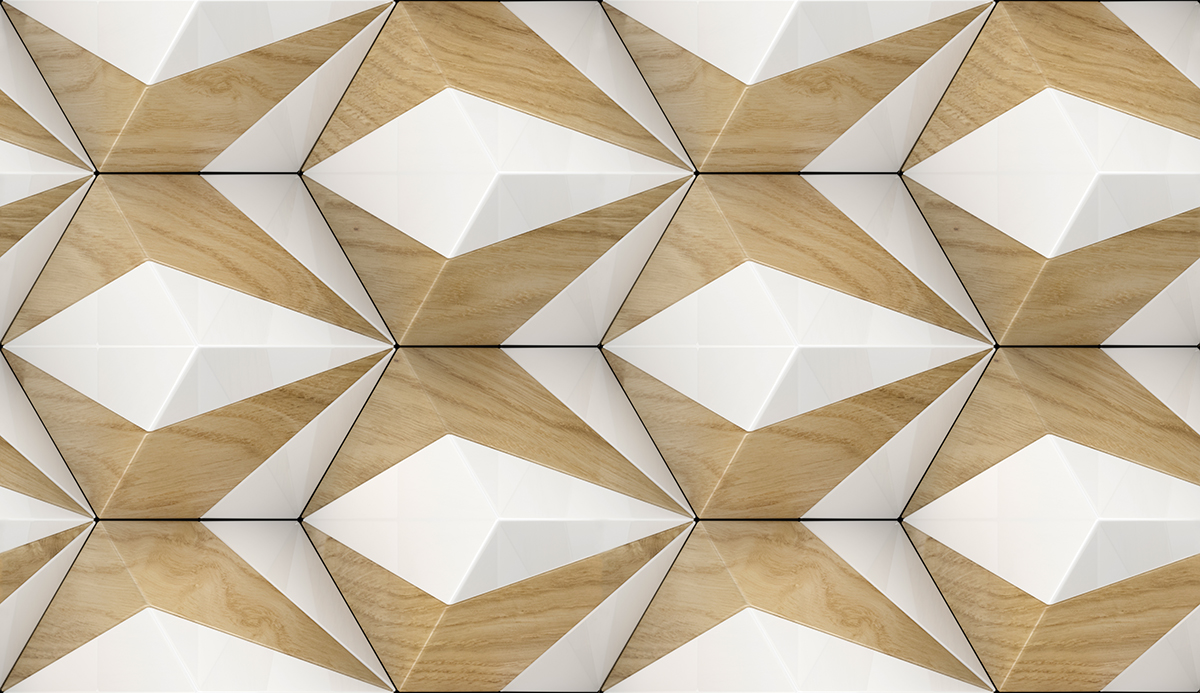 A pattern of white and wood triangles