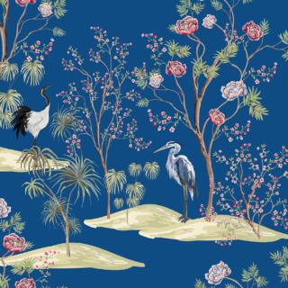 blue wallpaper with birds and flowers
