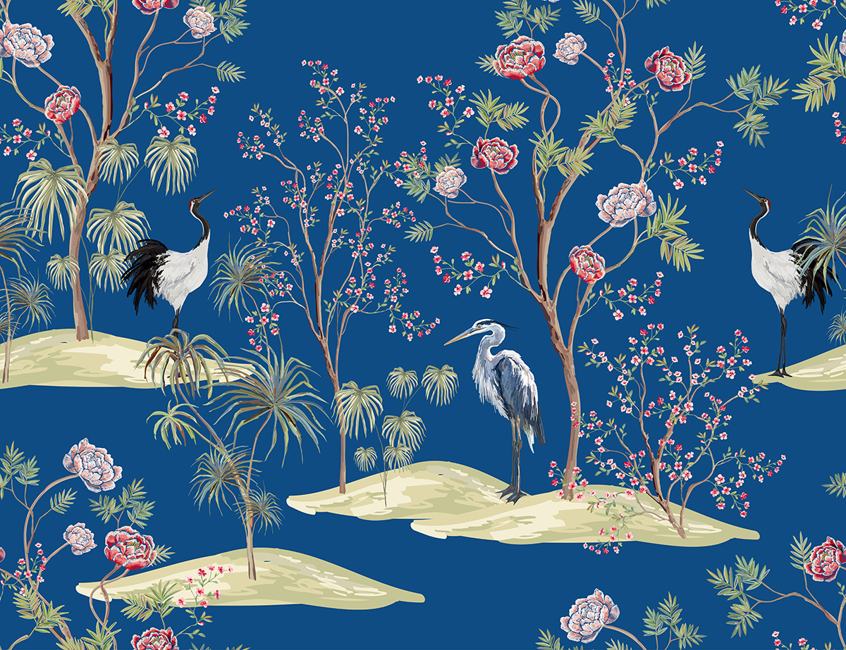 Blue Wallpaper With Birds and Flowers