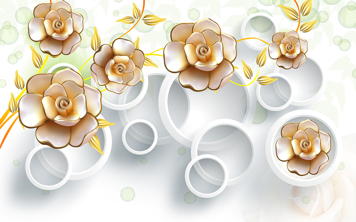 A wallpaper with gold flowers and rings