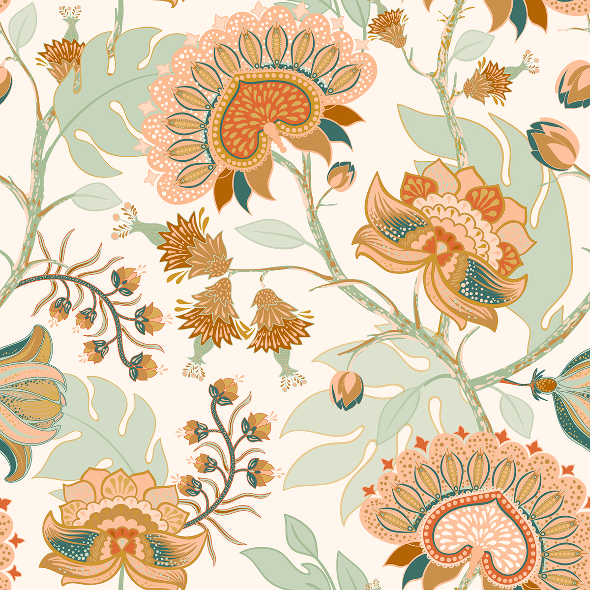 A pattern of flowers and leaves