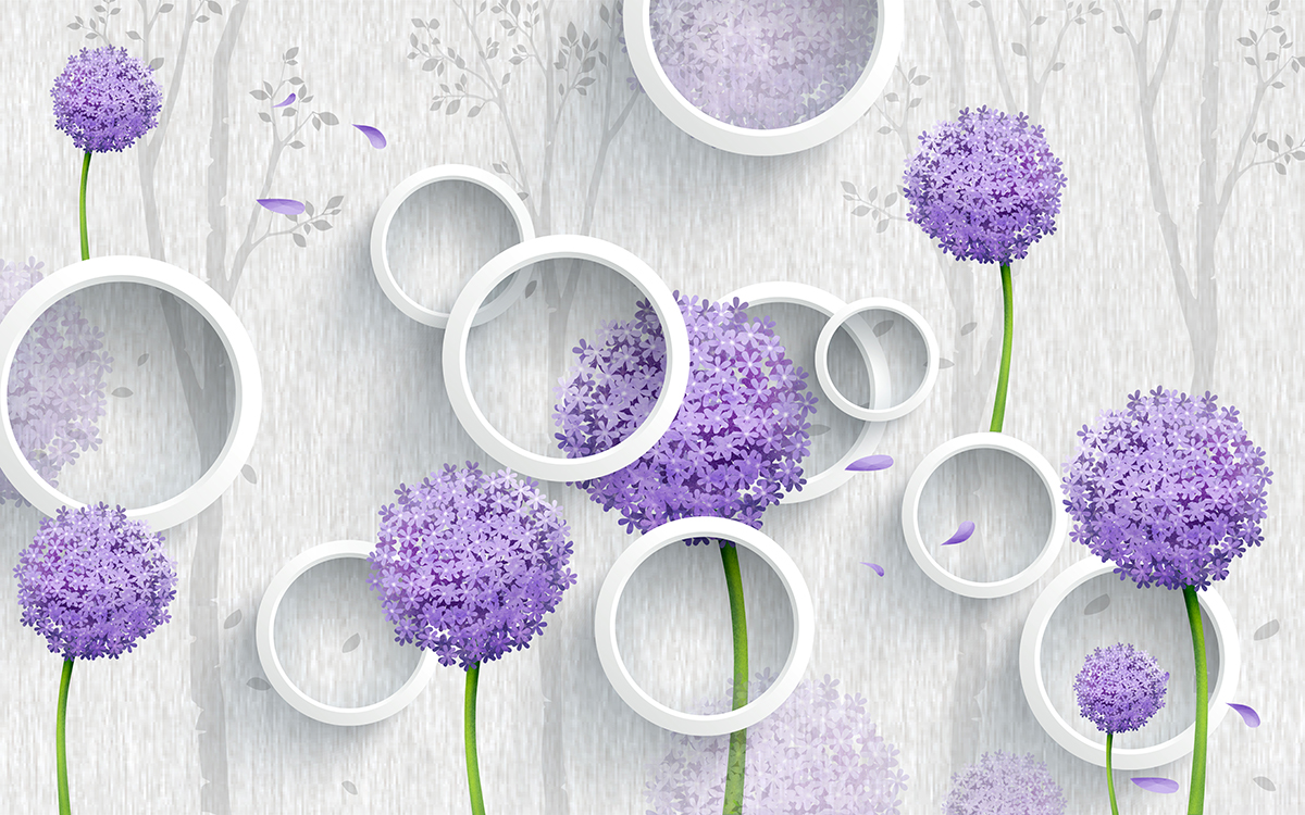 A wallpaper with purple flowers and circles