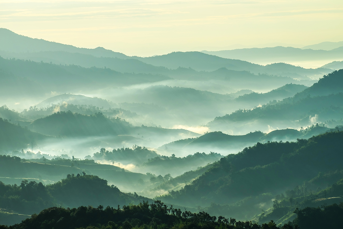 A landscape of hills with fog