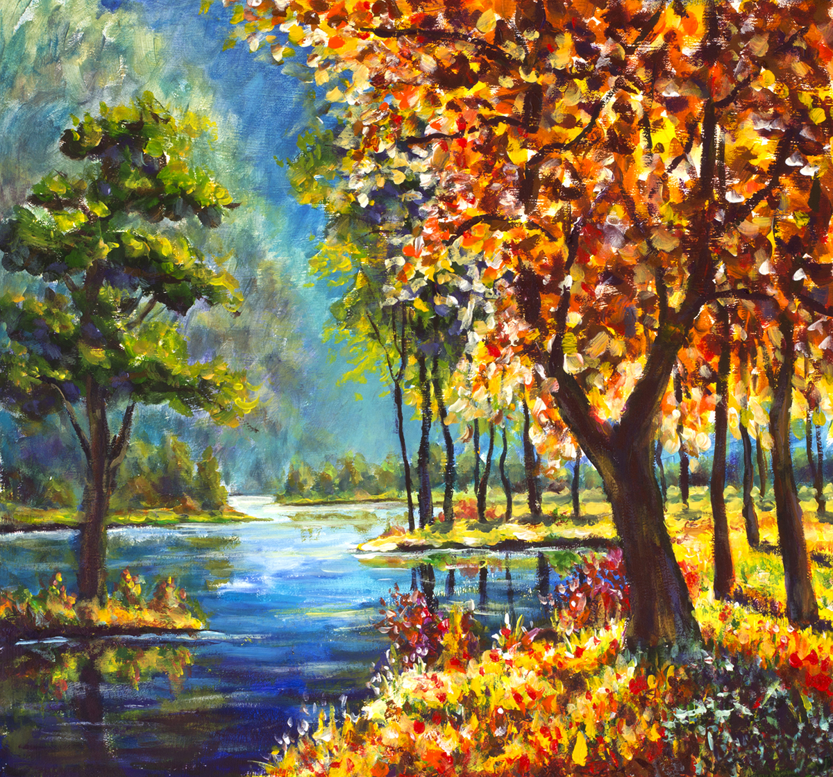 A painting of trees and a river