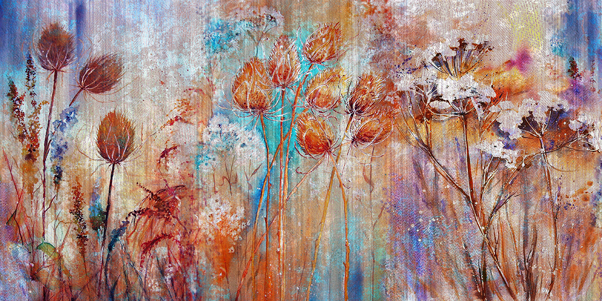 A painting of flowers on a wall