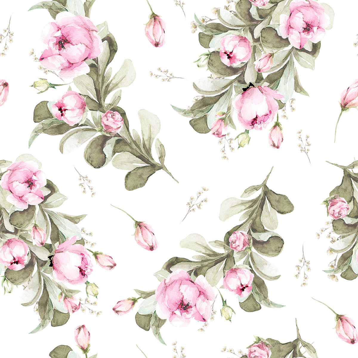 A pattern of pink flowers and leaves