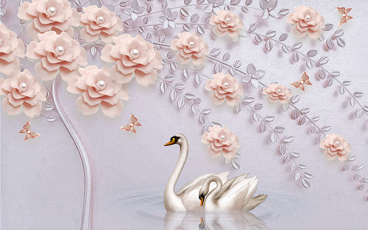 A swan in water with flowers