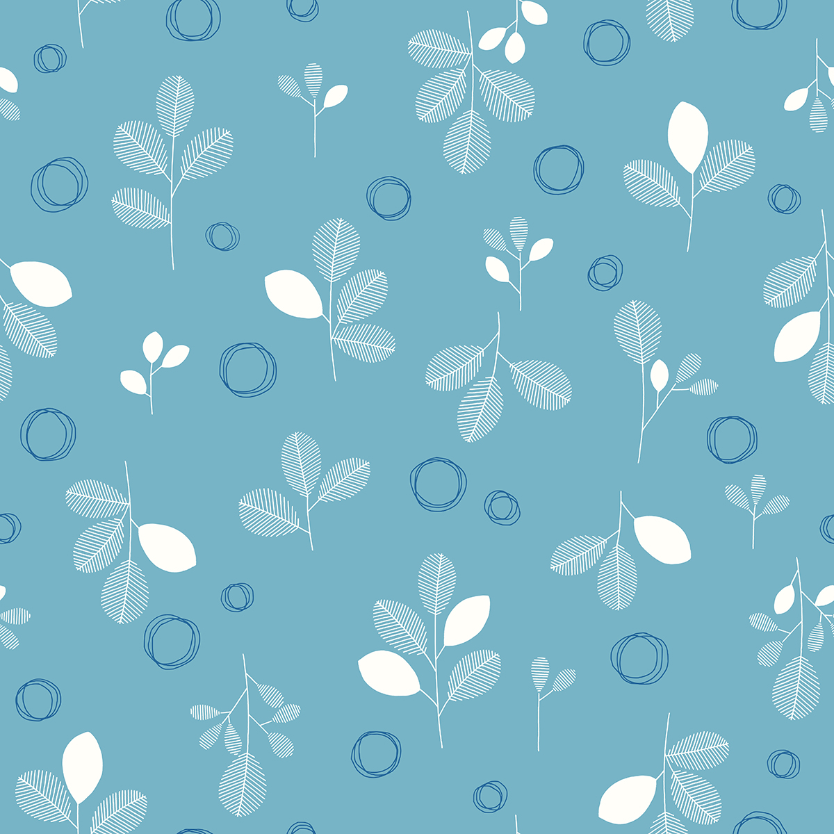 A blue and white pattern with white leaves and circles