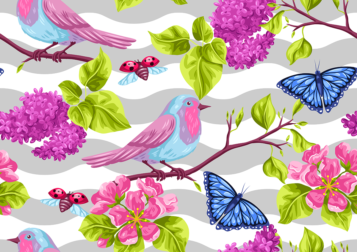 A colorful bird and butterflies on a branch