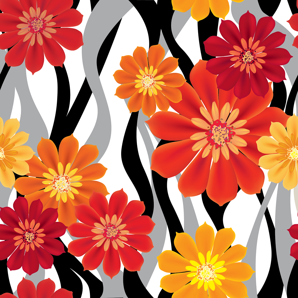 A pattern of flowers on a black and white background