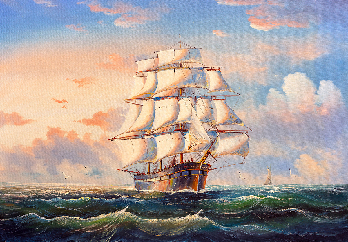 A painting of a ship in the ocean