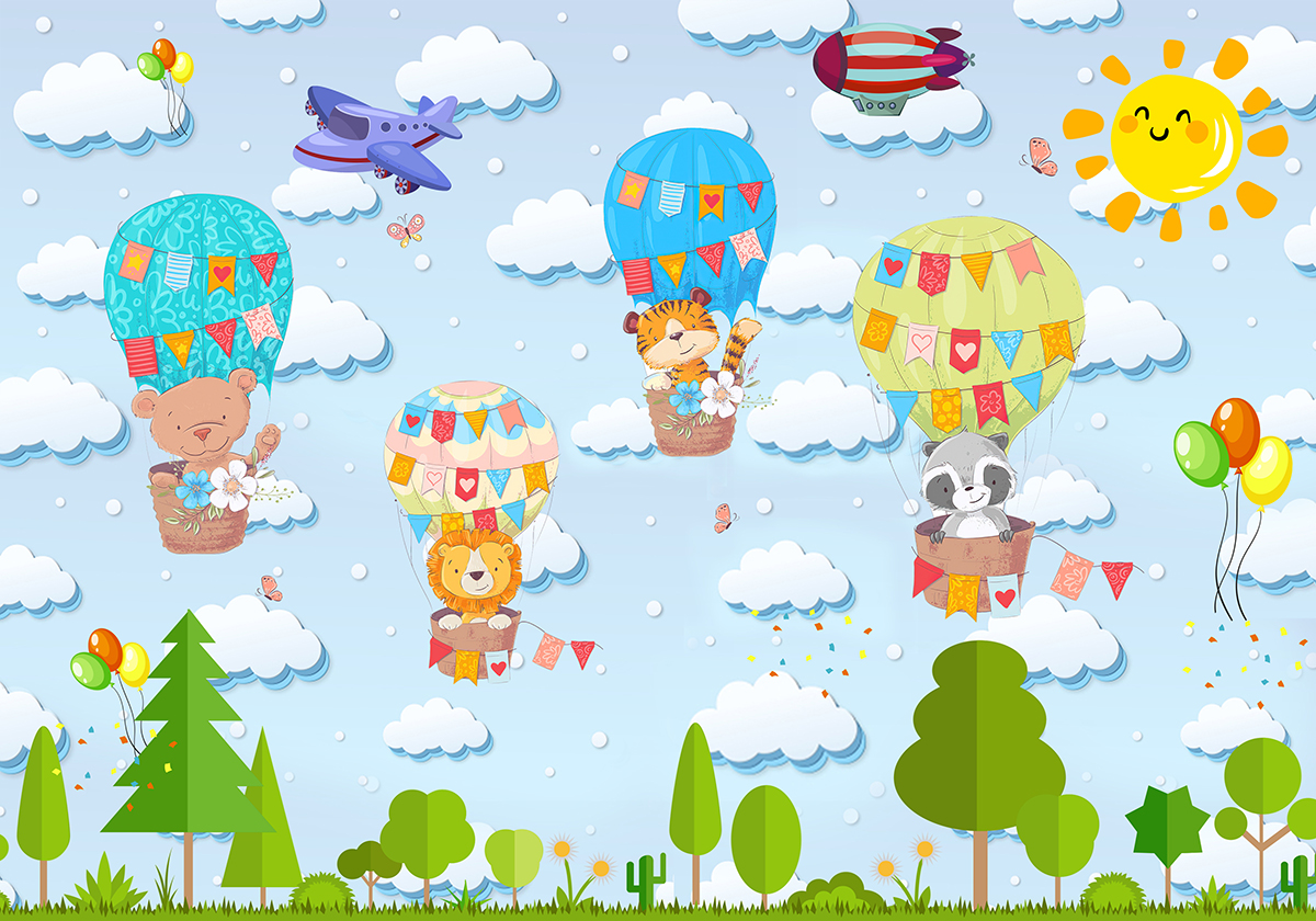 A group of animals in hot air balloons