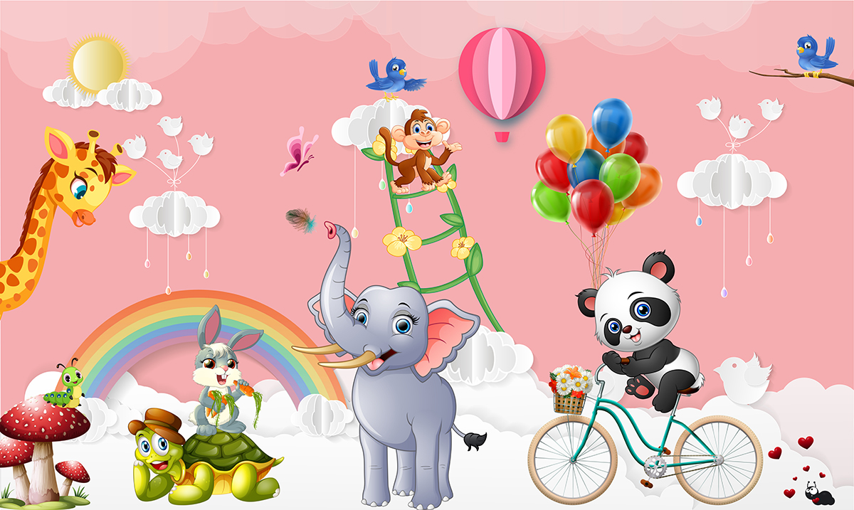 Cartoon animals riding a bicycle and balloons
