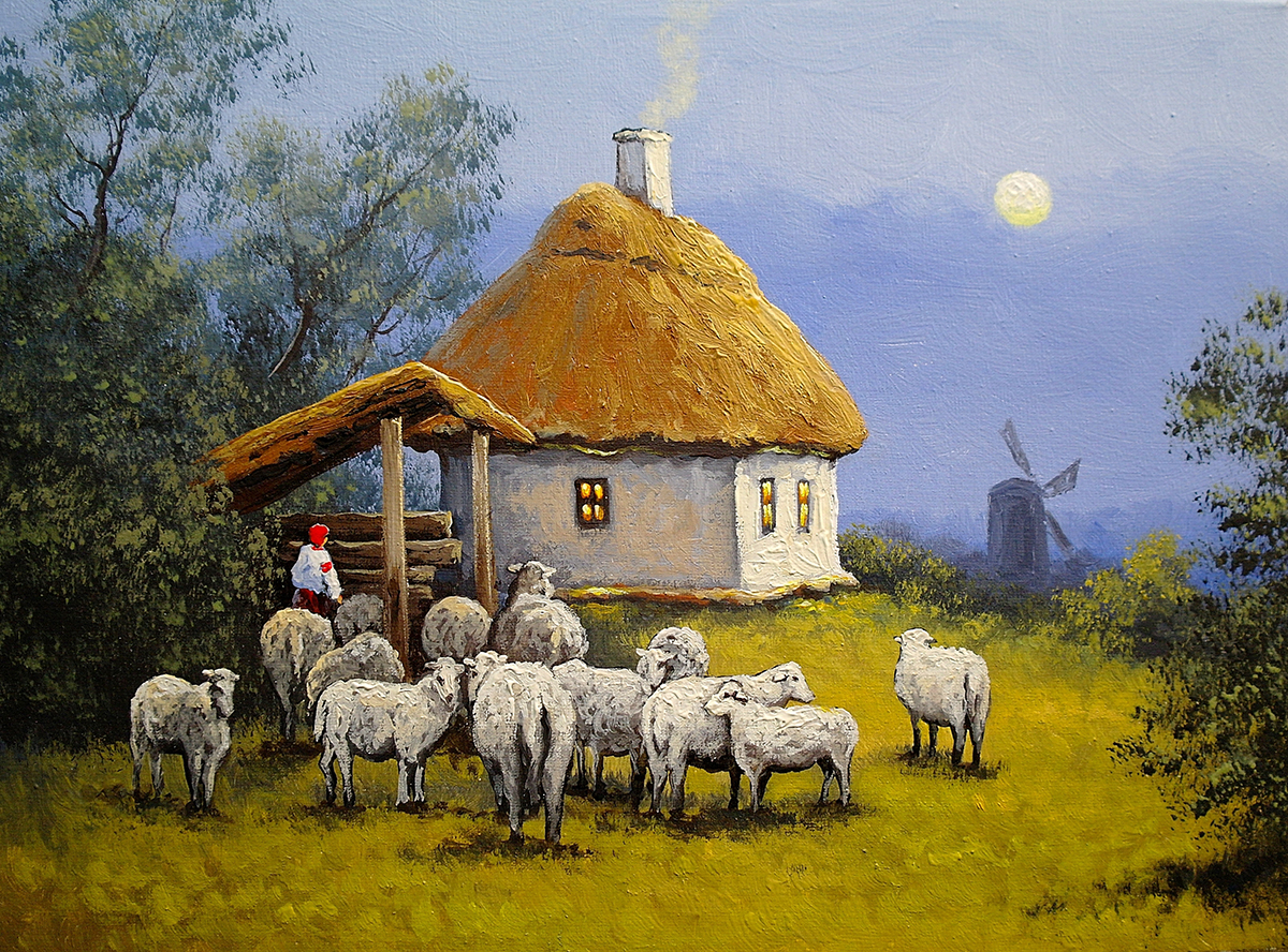 A painting of a group of sheep in a field