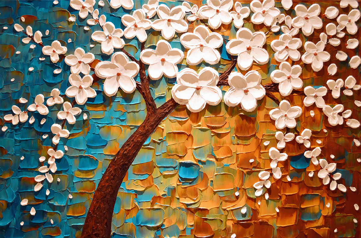 A painting of a tree with white flowers
