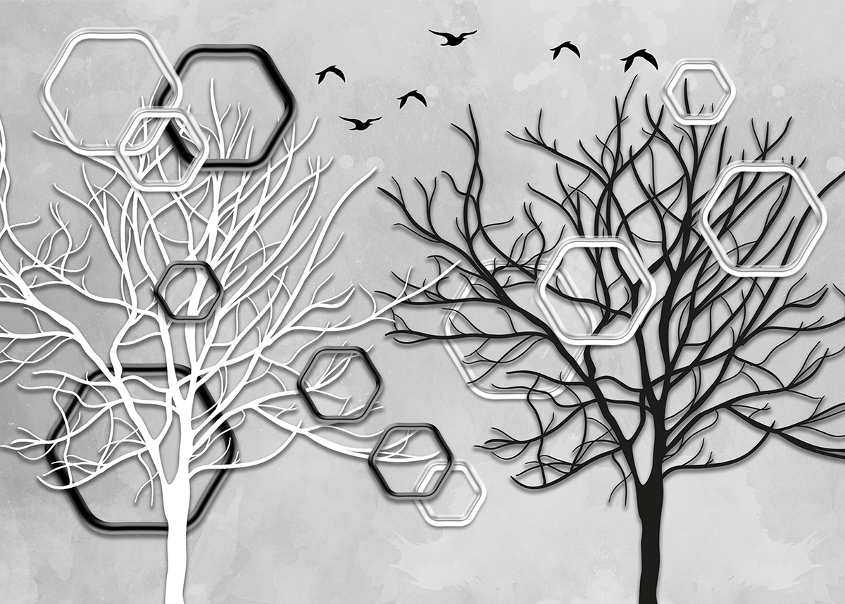 A black and white tree with birds flying