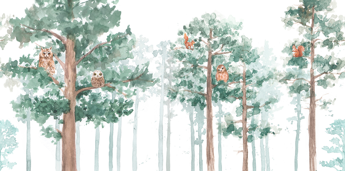 Watercolor painting of owls and a fox in trees