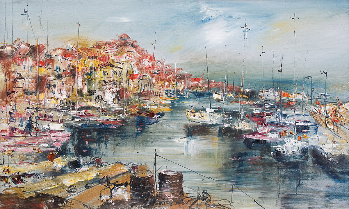 A painting of a harbor with boats and buildings