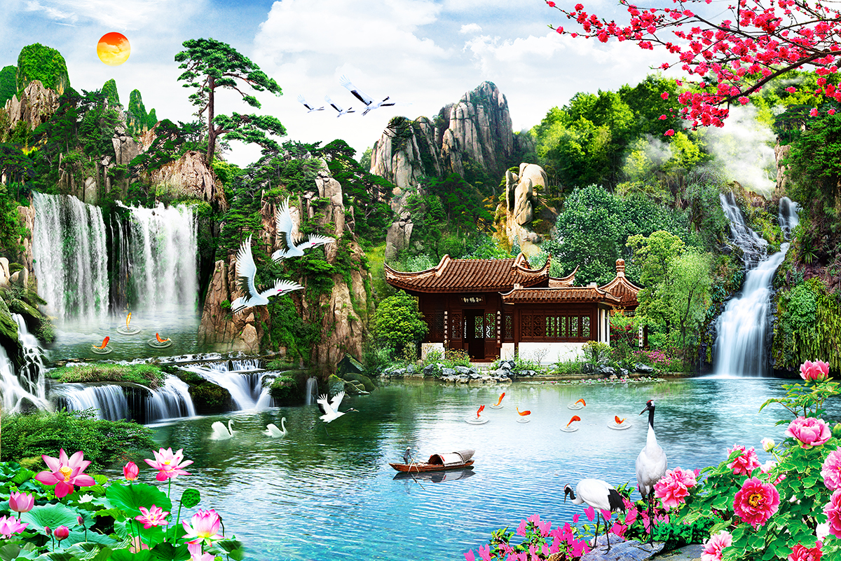 A waterfall and a building with a pond and birds