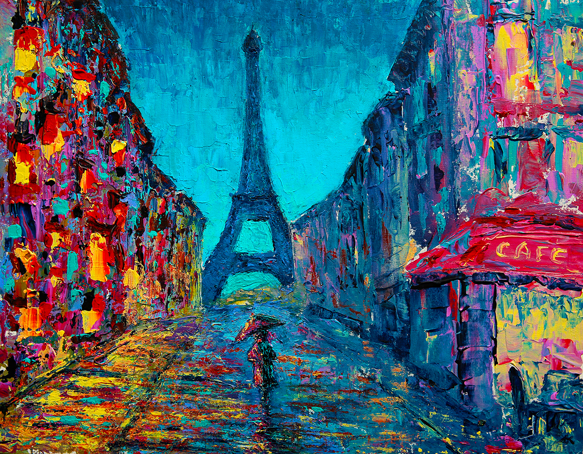 A painting of a street with a tower in the background