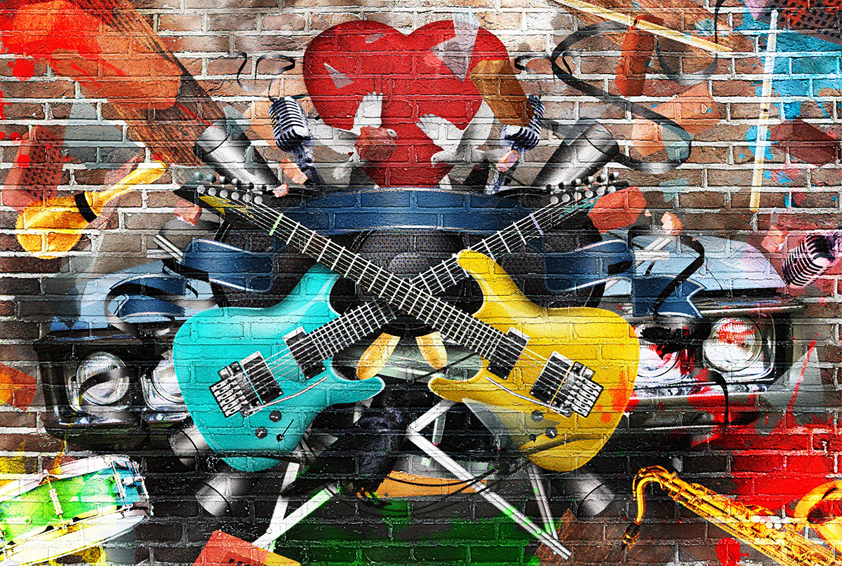 A wall with a painting of guitars