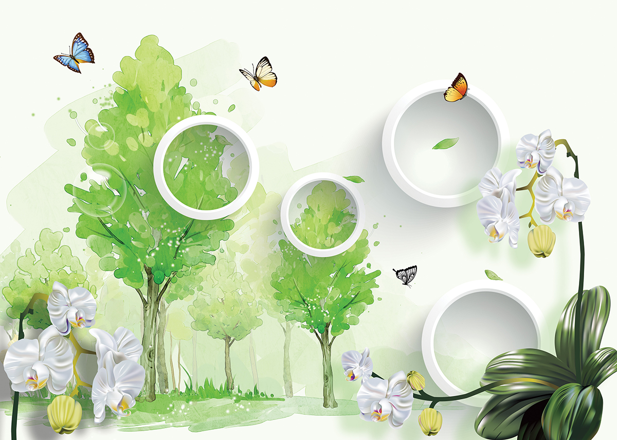 A wallpaper with butterflies and trees