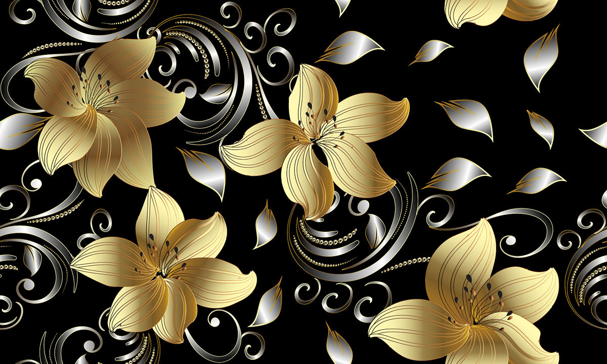 A gold and silver flowers on a black background