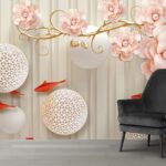 A wallpaper with flowers and paper fish