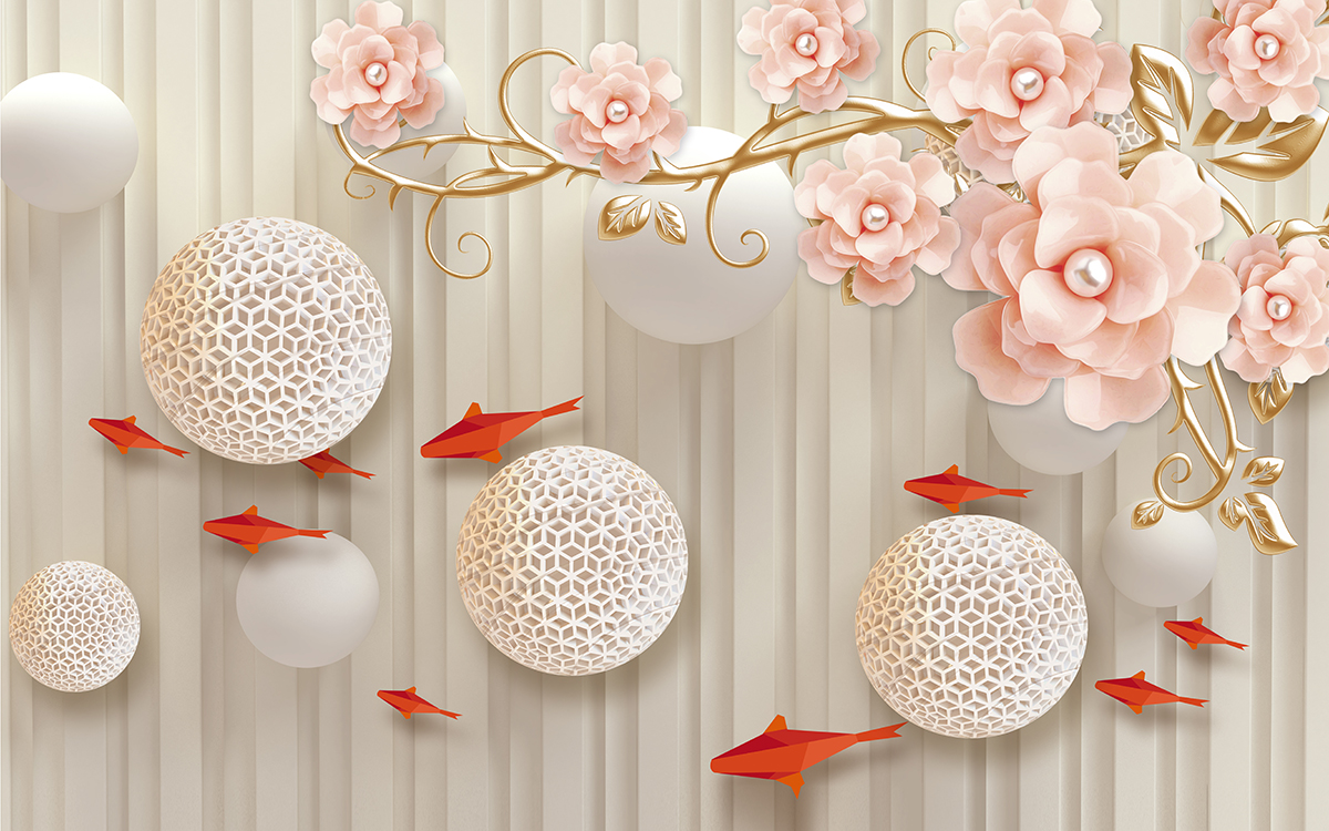 A wallpaper with flowers and paper fish