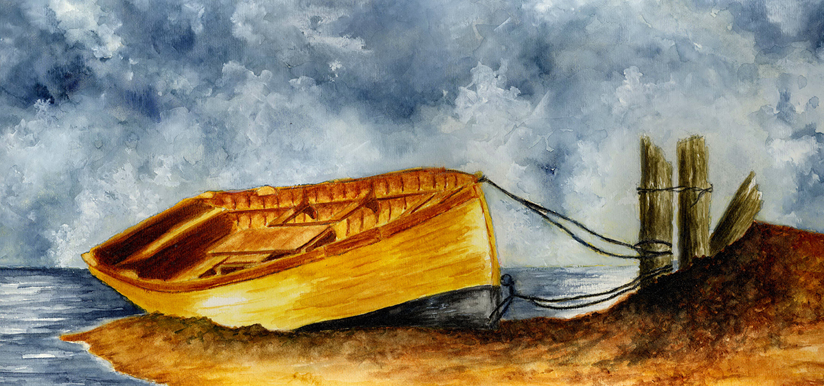 A painting of a boat on the beach